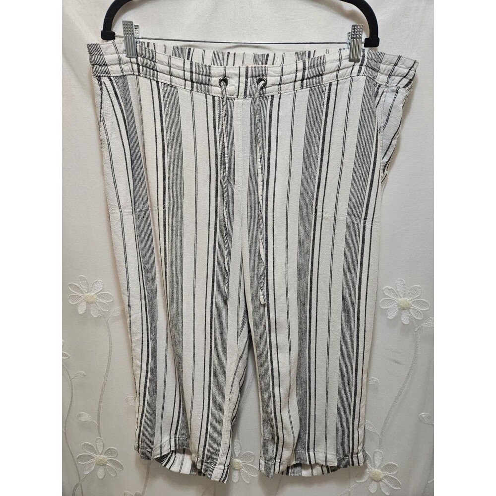 Per Se Womens 1X white Black Capri Pants Linen Blend Comfy Artsy Stretchy Clean